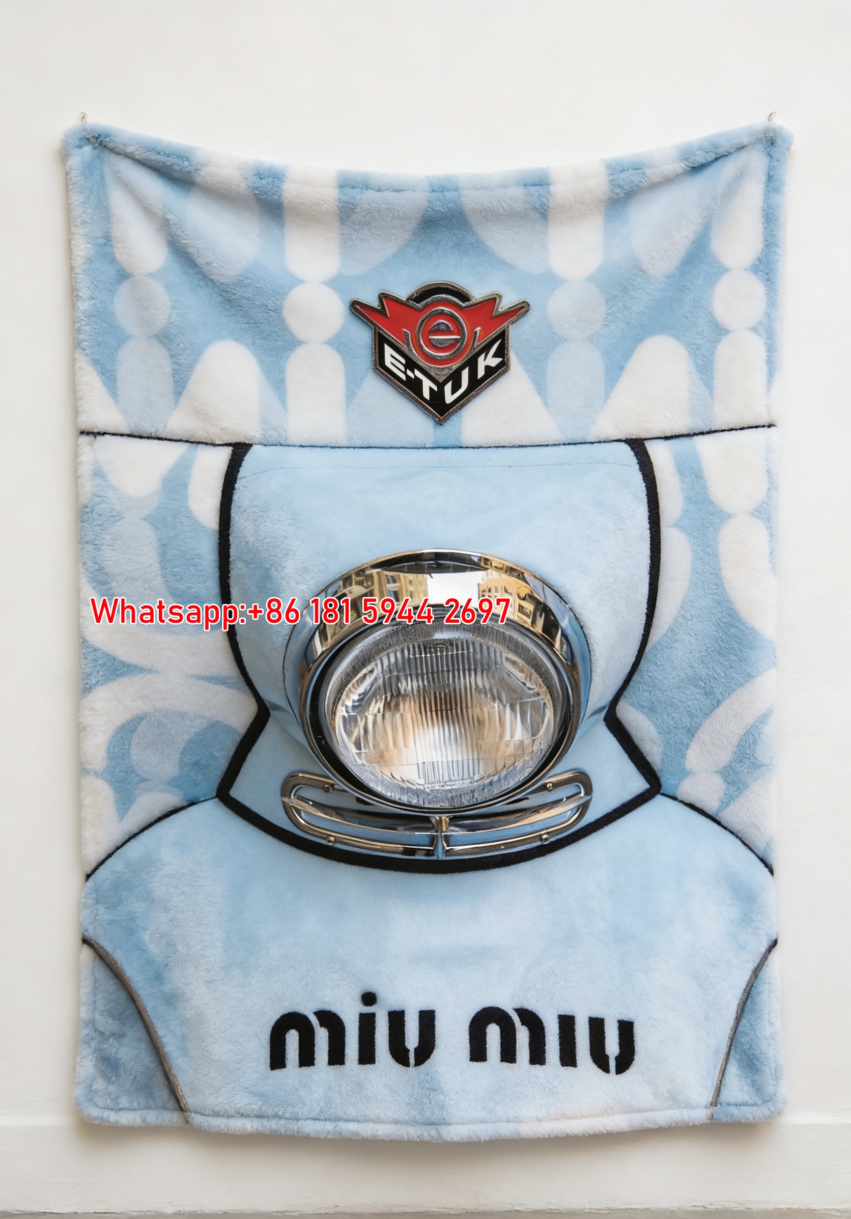 Miu Miu Light Blue & White Pattern Print Flannel Sofa Throw Blanket IMG_0534